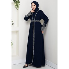 Hafsa Mina Taş Detaylı Içlikli Abaya Takım Lacivert HM2858