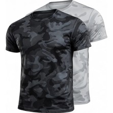 Serablanka 2'li Erkek Nem Emici Hızlı Kuruma Atletik Teknik Kamuflaj Desenli Spor T-Shirt Siyah-Gri