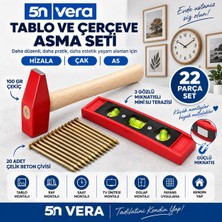 5N Vera Tablo ve Çerçeve Asma Seti – 100 gr Çekiç + 20 Adet Çelik Beton Çivisi + 3 Gözlü Mıknatıslı Mini Su Terazisi | Duvar, Saat, Raf ve Dekorasyon Için 22 Parça Montaj ve Hizalama Seti
