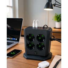 Azrlya 8'li Dikey Çoklu Priz 4 USB 2 Type-C Girişli Akım Korumalı Uzatma Prizi