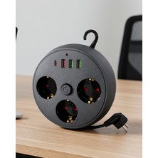Azrlya Akım Korumalı Çoklu Priz 3 Priz 3 USB 1 Type C 2 Metre Kablo Güvenli Şarj