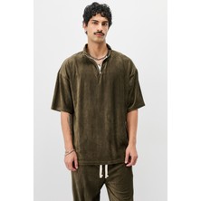 Yarım Fermuarlı Oversize Fitilli Tişört