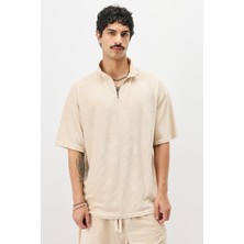 Yarım Fermuarlı Oversize Fitilli Tişört