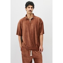 Yarım Fermuarlı Oversize Fitilli Tişört