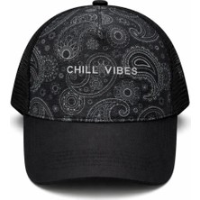Gyes Chill Vibes Yazılı Siyah Trucker Şapka Paisley Desenli Fileli Ayarlanabilir Unisex Model