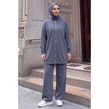 Modestim Kadın Tesettür Modal Pike Kumaş Salaş Takım Fermuarlı Sweat Pantolon Antrasit Tesettür Takım