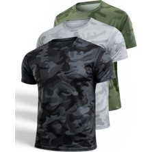 Serablanka 3'lü Erkek Nem Emici Hızlı Kuruma Atletik Teknik Kamuflaj Desenli Spor T-Shirt Siyah-Gri-Haki