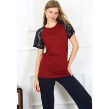 Melonika Kadın Kolu Dantelli Penye Pijama Takım Bordo Çmş