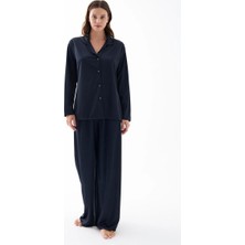 Melonika Kadın Lacivert Oversize Saten Pijama Takımı – Rahat Kesim Şık Ev Giyim Seti Çmş