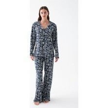 Melonika Kadın Lacivert “paris” Yazı Desenli Düğmeli Pamuklu Pijama Takımı Çmş
