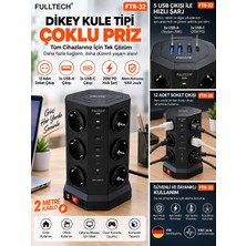 Azurtech Fulltech Ftr-32 20W Pd Dikey Kule Tipi Çoklu Priz – 12 Soket + 3 Usb-A + 2 Usb-C, 2 Metre