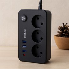 Royaleks Anahtarlı Termal Korumalı 3'lü Priz + 3xusb 2.1A 2m Uzatma Kablosu Siyah