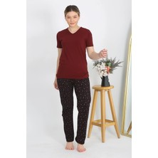 Melonika Kadın Kısa Kol Pamuk Penye Pijama Takım Bordo Çmş