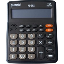 Puzzle PZ-382 12 Haneli Masa Hesap Makinesi, Solar+Pilli, Büyük Tuşlar, Garanti Belgeli