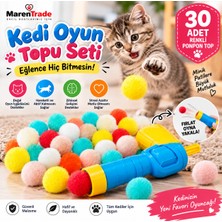 Maren 30 Adet Renkli Ponpon Kedi Oyuncağı Seti + Fırlatma Aparatı | Eğlenceli Kedi Topu