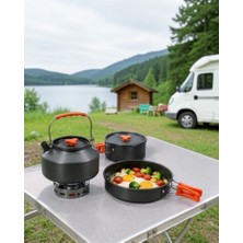 Azrlya Alüminyum Kamp Pişirme Seti Katlanabilir Kulplu Çaydanlık Tencere Tava Outdoor Yemek Seti