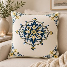 Elvoran Joy Akdeniz Limon Desenli Dekoratif 2 Adet Kırlent Kılıfı 43X43 cm | Mavi Beyaz Seramik Motifli