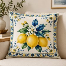 Elvoran Joy Akdeniz Limon Desenli Dekoratif 2 Adet Kırlent Kılıfı 43X43 cm | Mavi Beyaz Seramik Motifli
