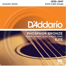 Esranın Dünyası Daddario EJ15 Akustik Gitar Tel Seti, Phosphor-Bronze, Extra Light, 10-47