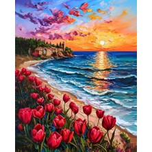 Esranın Dünyası Sayılarla Boyama Numaralı Tuval Seti Fırça Boya Dahil 40X50CM - Kırmızı Laleler ve Günbatımı Sahil