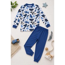 Tarz Yeri Erkek Çocuk Premium Penye Iş Makinesi Desenli Uzun Kollu Pijama Takımı 2-11 Yaş - Mavi