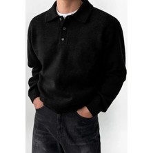 Serablanka Erkek Polo Yaka Oversize Triko Kazak – Rahat Kalıp Siyah