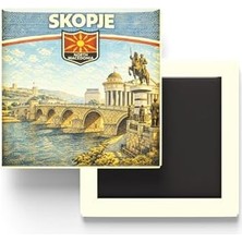 Khi-Zai Kuzey Makedonya Üsküp Şehri Temalı Vintage Buzdolap Magneti – 9x9 cm