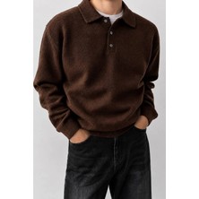 Serablanka Erkek Polo Yaka Oversize Triko Kazak – Rahat Kalıp Kahverengi
