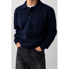 Serablanka Erkek Polo Yaka Lacivert Oversize Triko Kazak Rahat Kalıp ile Günlük Kullanım İçin