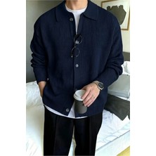 Serablanka Erkek Polo Yaka Lacivert Oversize Triko Hırka Tüylenmez Basic Stil