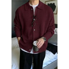 Serablanka Erkek Polo Yaka Bordo Oversize Triko Hırka Tüylenmez Basic Stil