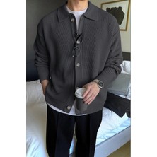 Serablanka Erkek Polo Yaka Oversize Triko Hırka Füme