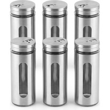 Esranın Dünyası Deconox 6'lı Set Metal Kaplı Cam Baharatlık, 14 cm - Şeffaf Pencereli, Döner Kapaklı, Paslanmaz Çelik Görünümlü Tuzluk ve Baharat Takımı