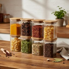Esranın Dünyası Deconox 6'lı Set 350 ml Bambu Kapaklı Kare Cam Kavanoz - 6X10 cm Vakumlu Orta Boy Şeffaf Erzak Kabı Kahve Çay Baharatlık ve Mutfak Düzenleyici Organizer Saklama Kutusu