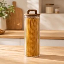 Esranın Dünyası Poomy Akasya Kapaklı Cam Kavanoz 1550 Ml, Şeffaf Çizgili Cam Saklama Kavanozu, Ahşap Kulplu Kapaklı Mutfak Düzenleyici, Makarna Spagetti Bakliyat Kahve Kuruyemiş Kuru Gıda Saklama Kabı