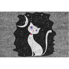 Esranın Dünyası Monnhein Tasarımlı Dekoratif Kapı Önü Paspas, Dış Mekan/ev Içi/banyo/mutfak/yatak Odası/giriş Paspasları (Gece Beyaz Kedi, 45X70)