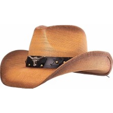 Külah Deri Şeritli Boğa Figürlü Hasır Şapka Premium Classic Western Festival Beach Rave Hat