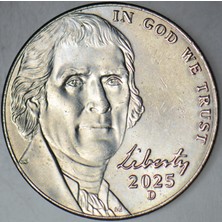 Banknoting Amerika 5 Cent 2025 D. Jefferson Nıckel. Çilaltı.