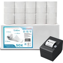 Brf Store Prime 50 Adet 80X80M Termal Adisyon Rulosu, Garantili Net 80M Uzunluk, Premium 48GSM Bpa Free Yazar