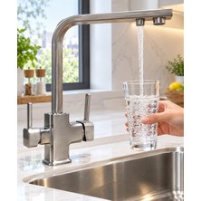 Vitkar Su Armatürleri Kare Model Arıtma Çıkışlı ( 3 Yollu ) Mutfak Eviye Bataryası - Inox Saten