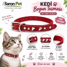 Perçin Süslemeli Deri Kedi Boyun Tasması Ayarlanabilir Metal Tokalı - Kırmızı
