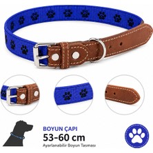 Köpek Boyun Tasması 53-60 cm Pati Desenli Deri Uçlu Metal Tokalı - Mavi Kahverengi