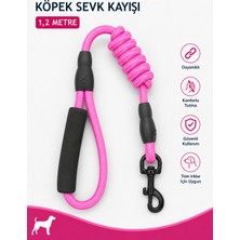 Köpek Sevk Kayışı 1,2 Metre Örgü Ip Süngerli Sap Düğüm Detaylı Metal Klipsli - Pembe