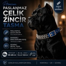 Köpek Zincir Boyun Tasması Paslanmaz Çelik Mavi Dokuma Kayış 55-65 cm 3,5 cm Genişlik 4 mm Zincir