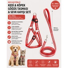 Reflektörlü Kedi ve Köpek Göğüs Tasması Sevk Kayışı Seti Xs-S 24-36 cm 120 cm Kayış - Kırmızı