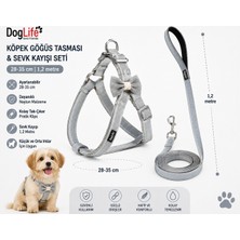 Köpek Göğüs Tasması ve Sevk Kayışı Seti 28-35 cm Çizgili Papyonlu 1,2 Metre Kayış - Pembe Gri