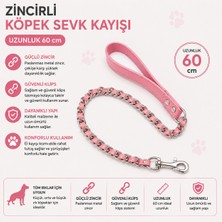 Köpek Sevk Kayışı Zincirli 60 cm Deri Örgülü Kısa Metal Klipsli Perçinli Sap - Pembe