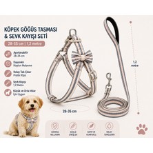 Köpek Göğüs Tasması ve Sevk Kayışı Seti 28-35 cm Desenli Papyonlu 1,2 Metre Kayış - Gri Pembe