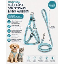 Reflektörlü Kedi ve Köpek Göğüs Tasması Sevk Kayışı Seti Xs-S 24-36 cm 120 cm Kayış - Mavi