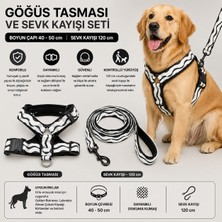 Köpek Göğüs Tasması ve Sevk Kayışı Seti Zebra Desenli Içi Pedli 40-50 cm 120 cm Kayış - Siyah Beyaz